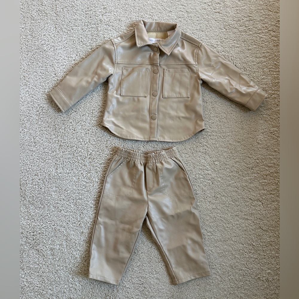 Zara Girls 12-18M Faux Leather Matching Set Cream Jacket and Pants